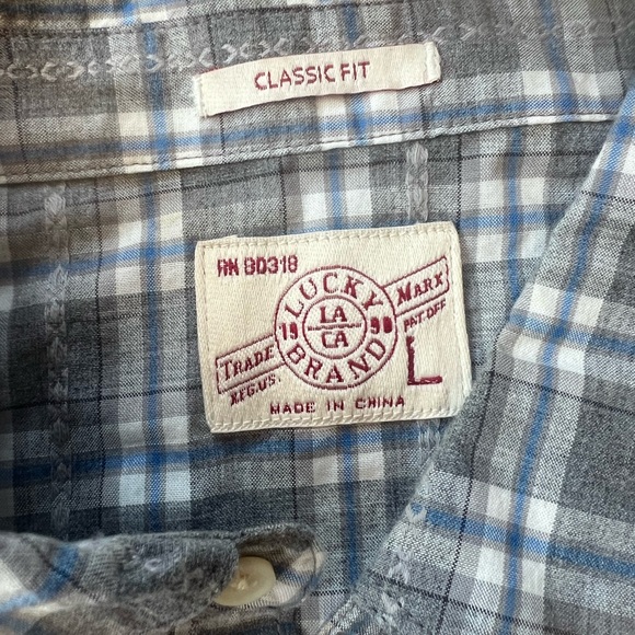 Lucky Brand Shirt Men’s Size Large Grey and White Plaid Snap Button Up - Picture 3 of 7
